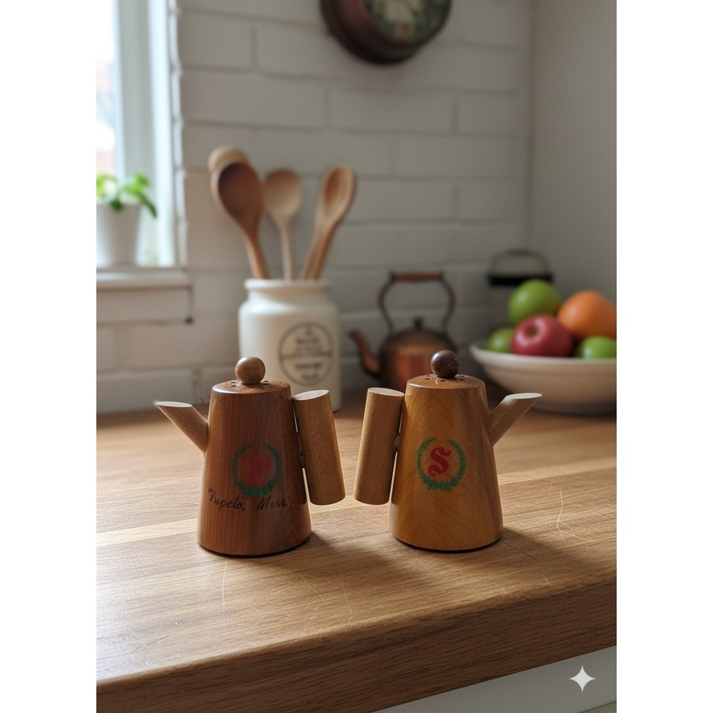 Wooden Wood Coffee Pot Salt & Pepper Shakers Metal stoppers Tupalo MS